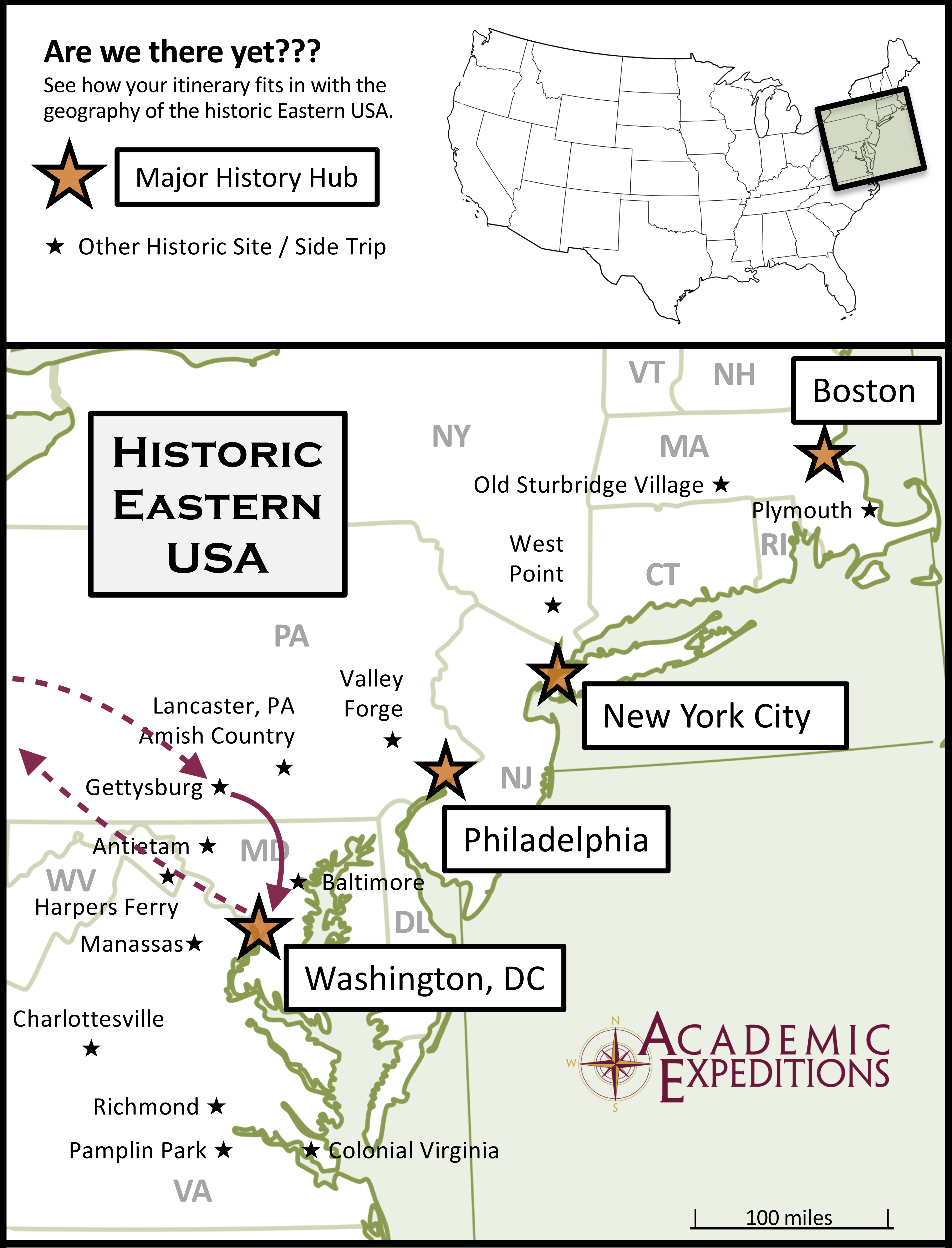 Map of the East Coast of the U.S. with points of interest marked by stars